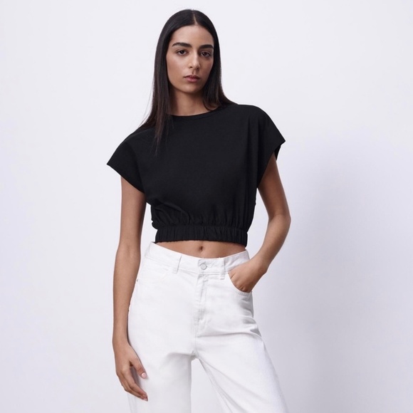 Zara Tops - Zara Black Dolman Sleeve Elastic Waist Crop Top Size Large